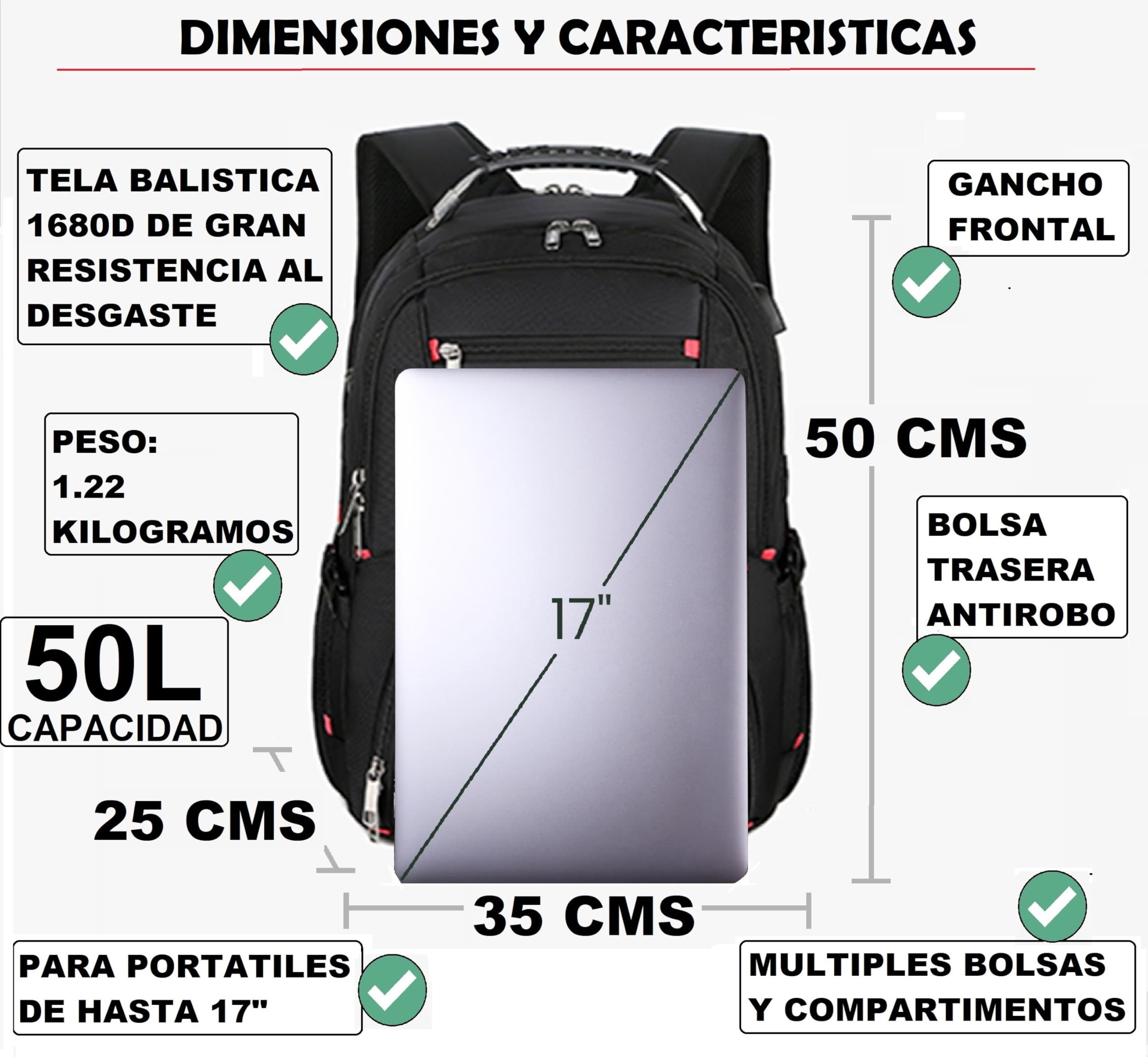 ALTOS OFFICE AND HOME Mochila para laptop de 17", viajes de negocios, estudios, Puerto USB, negra, antirrobo, ideal para senderismo, impermeable, resistente a arañazos, reforzada, GRAN CAPACIDAD,