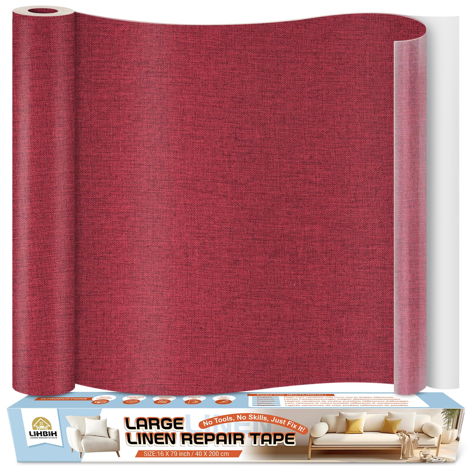 Toppe Adesive per Tessuti Rosso scuro, 40x200 cm Patches di Tessuto di Lino Autoadesive, Stoffa Adesiva per Riparazioni Divano, Tessuto Adesivo per Riparazione Sedili Auto, Cuscini, Le Tende