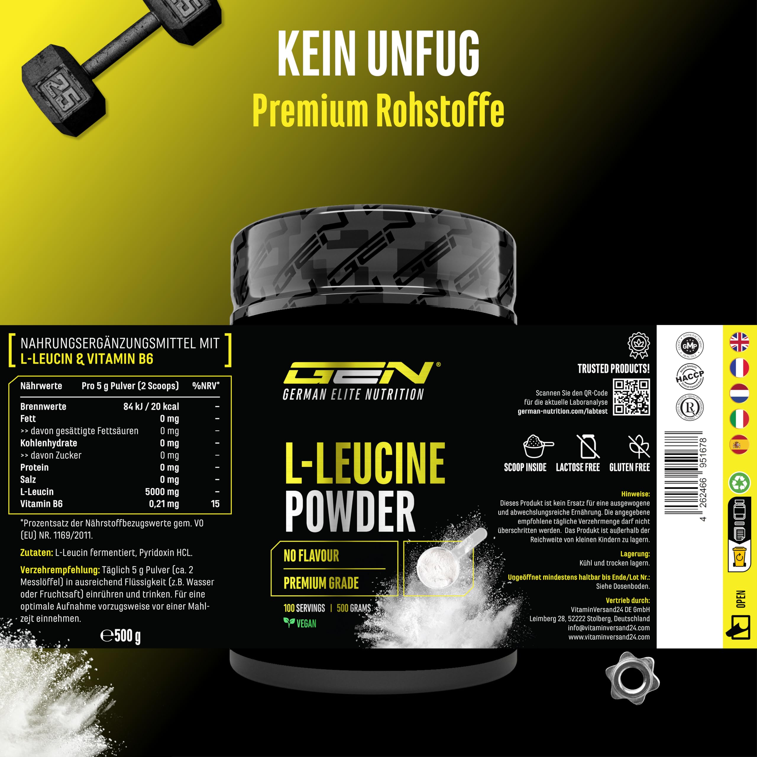 Leucin - 500 g Pulver - Hohe Reinheit - Premium Rohstoff: Natürliches L-Leucin fermentiert - Aminosäure - Ohne unerwünschte Zusätze, vegan