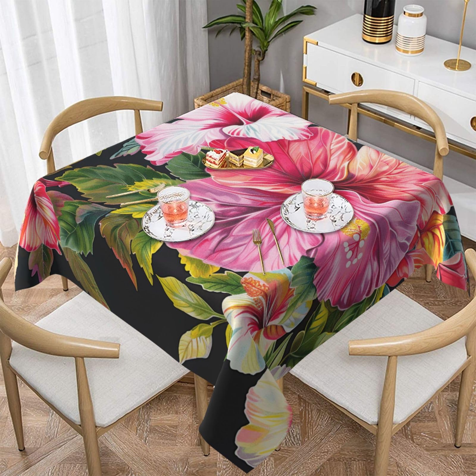 WPKJU Hibiscus Flowers Print Printed Square Tablecloth 60x60 inch Water Resistant Table Cover Washable Rectangle Table Cloth for Dining Tables