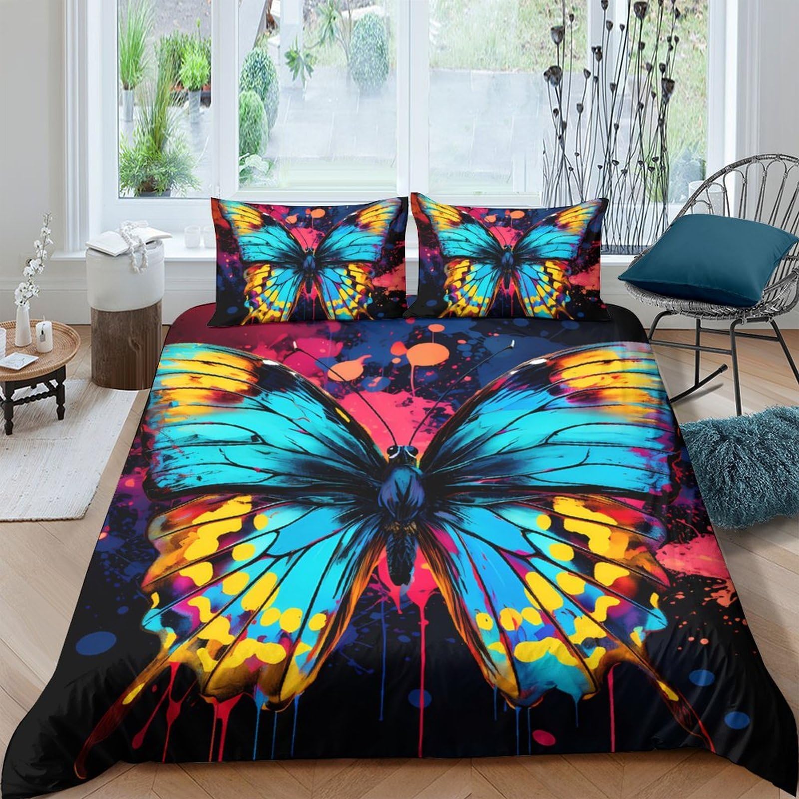 TUFRTGYHN 3D Printed Blue Butterfly Duvet Cover Microfiber Soft Bedroom Decor Yellow Artistic Quilt Cover Set with 2 Pillowcases Single（135x200cm）