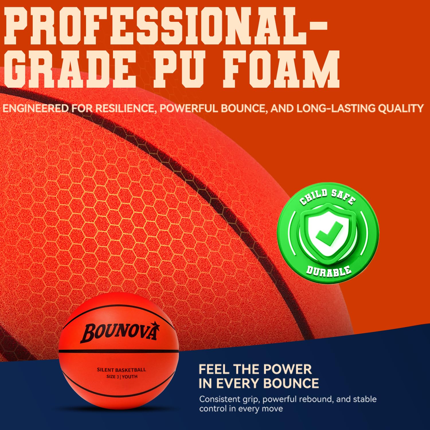 BOUNOVA Balón de baloncesto silencioso para interiores, tamaño 3 y 7, sin aire y sin mantenimiento, tecnología de regate ultrasilenciosa, espuma de poliuretano de grado profesional, rebote real y