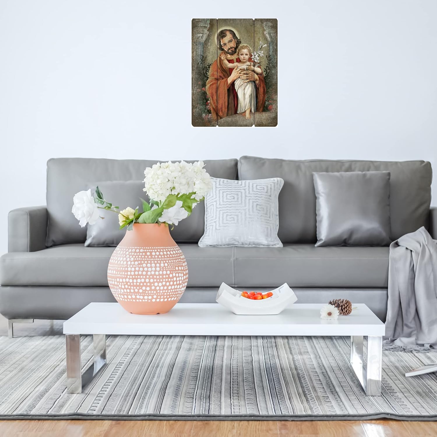 Needzo Saint Joseph Holding Baby Jesus Pallet Sign, Religious Home Decor, Blessings of Catholic Faith and Inspirational Prayers, Wooden Wall Decorations, 15 inches