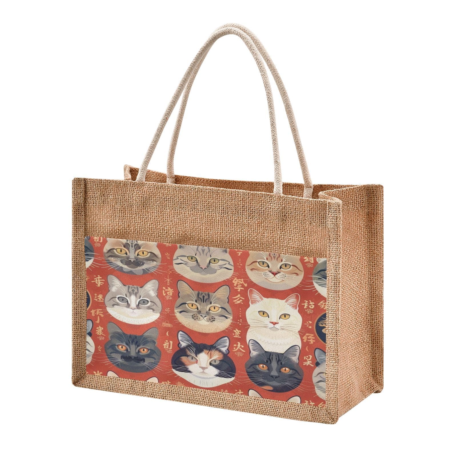 Mnsruu Burlap Jute Tote Bag Portraits Of Cats Reusable Grocery Shopping Bag Beach Tote Bag for Women Girls Bridesmaid Wedding School 43x32x18cm