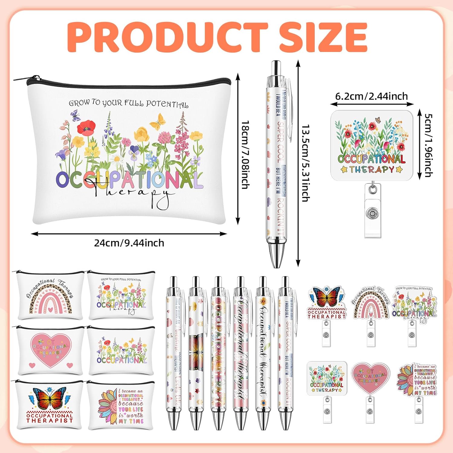 18 Pcs Occupational Therapy Gifts 6 "Therapist Makeup Bags 6 "Therapist Snap-on Badges 6 "Therapist Roll-up Paper Ballpoint Pens Gifts Appreciation Gift for Occupational Therapy Assistant - Image 3
