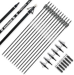 BOWSOUL 30inch Hunting Carbon Archery Arrows with 2.75â€ High Hardness Vanes Spine 400 for Compound Bow and Recurve Bow (Black White&Broadheads)
