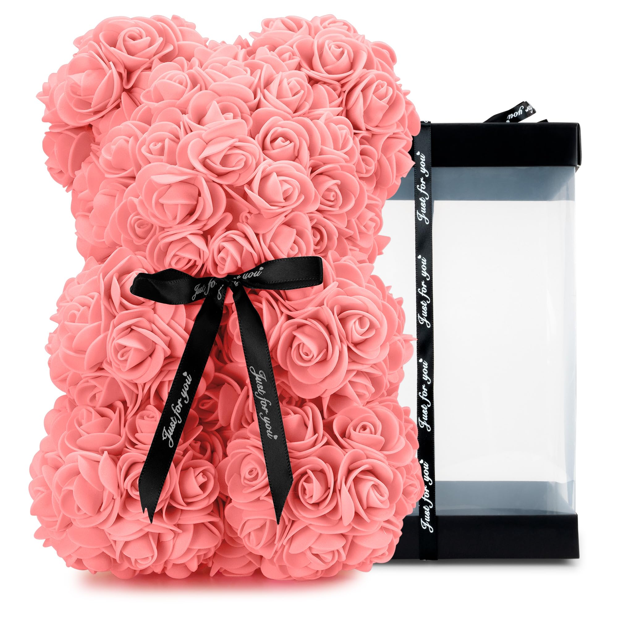 Tanness Women's Baby Pink 25Cm Rose Bear With Transparent Gift Box & Black Ribbon, Rose Petals Teddy Bear Presents For Artificial Flowers Rose Bear Valentines Gifts For Her - Gifts For Girlfriend (Baby Pink)