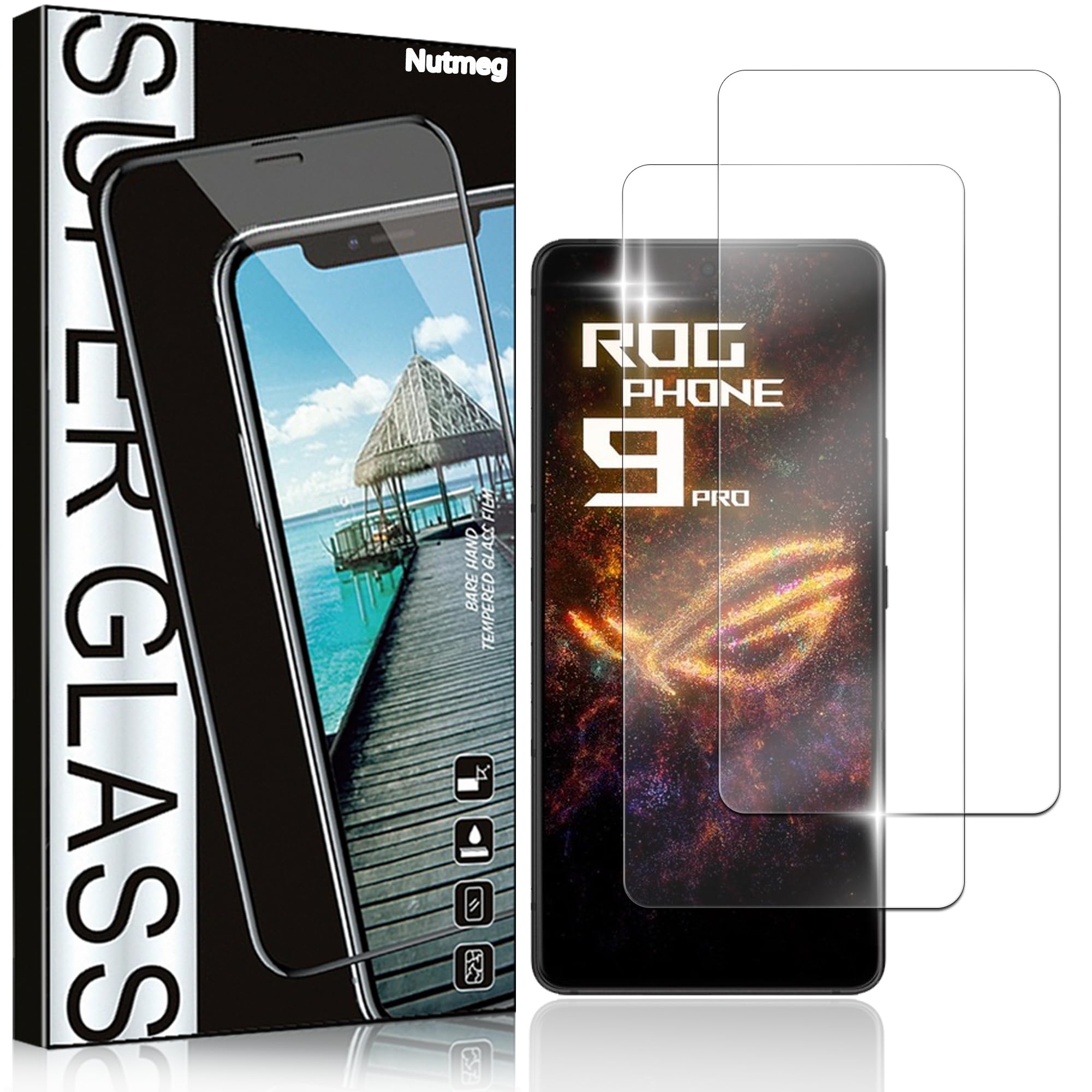 Nutmeg【2枚セット】ASUS ROG Phone 9/Phone 9 Pro/Edition ガラスフィルム【日本旭硝子素材製】FOR ASUS ROG Phone 9 Pro Edition フィルム ROG Phone 9 Pro Edition 5G 保護フィルム 強化ガラス 硬度9H 高透過率 高光沢 気泡なし 貼り付け簡単 撥油性 耐衝撃 高感度タッチ 飛散防止 指紋防止