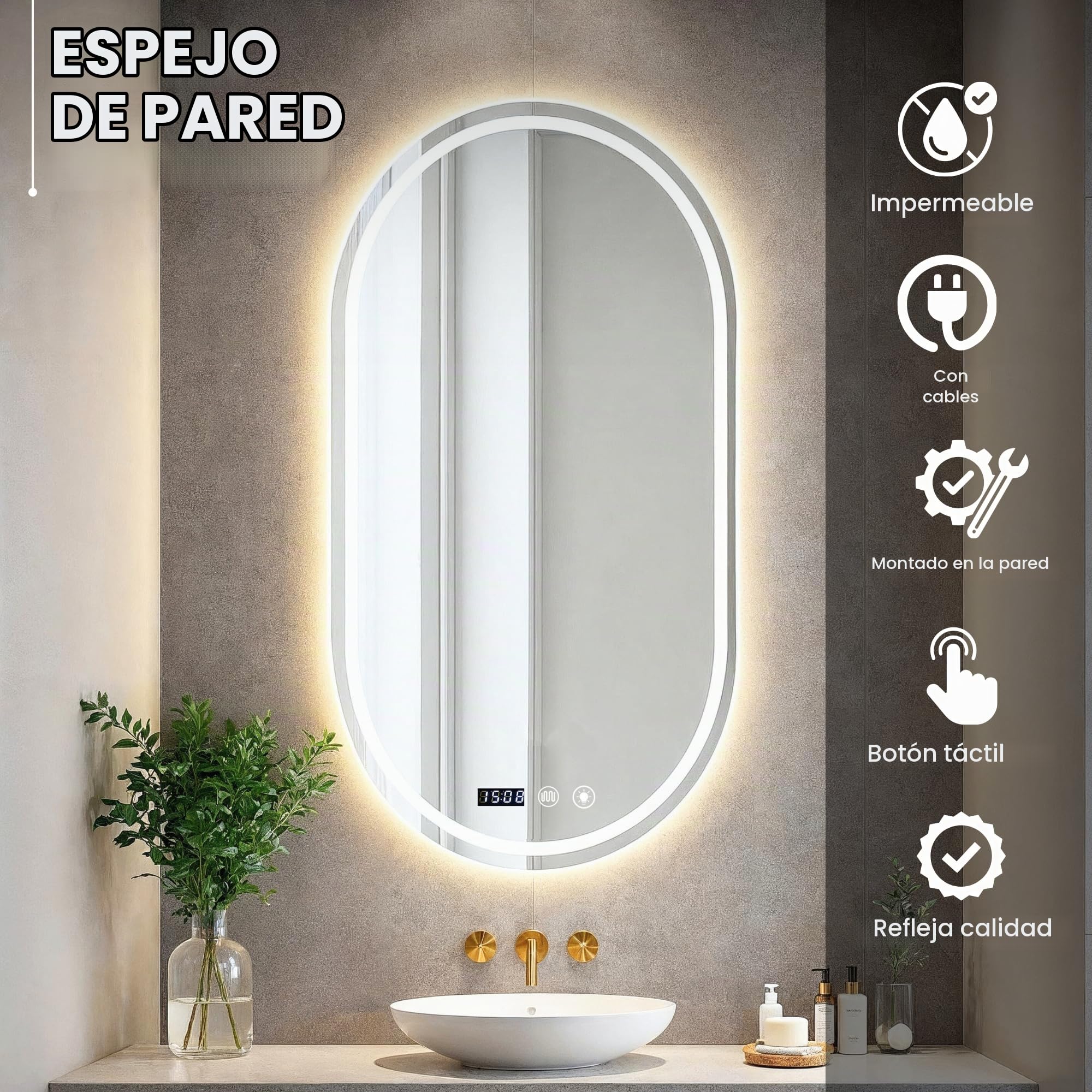 MAGIC SELECT Espejo de Baño con Luz Ovalado de Pared 50x90cm | Con Enchufe, 3 Tonos de Color, Ajuste de Brillo y Antivaho, Indicador de Hora y Temperatura, Vertical