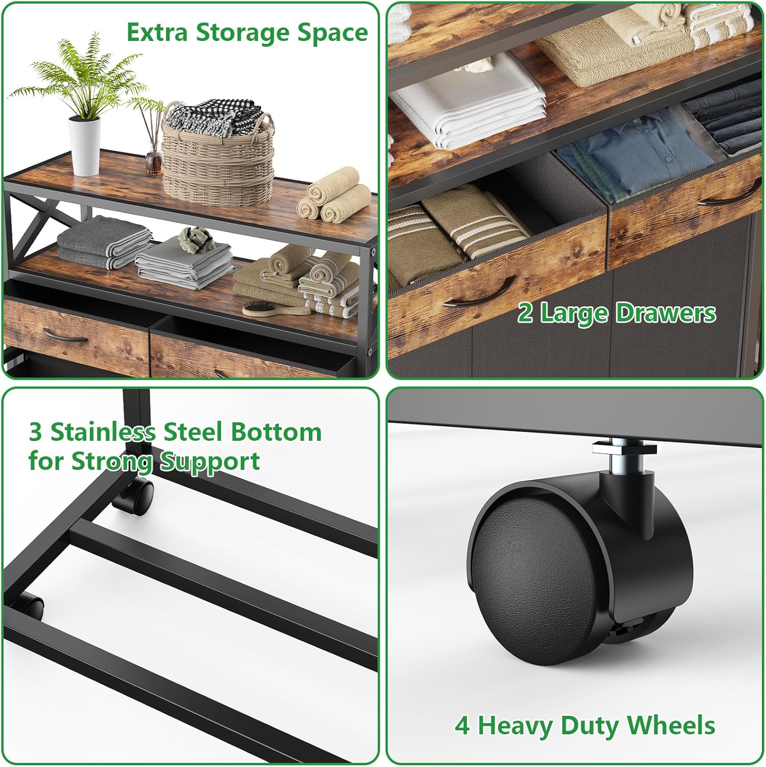 Laundry Hamper 3 Section, 150L Rolling Laundry Sorter Basket with 2 Shelves and 2 Drawers, 3 Compartment Clothes Organizer Cart with Wheels, Pull-Out Bags for Laundry Room, Bathroom, Bedroom