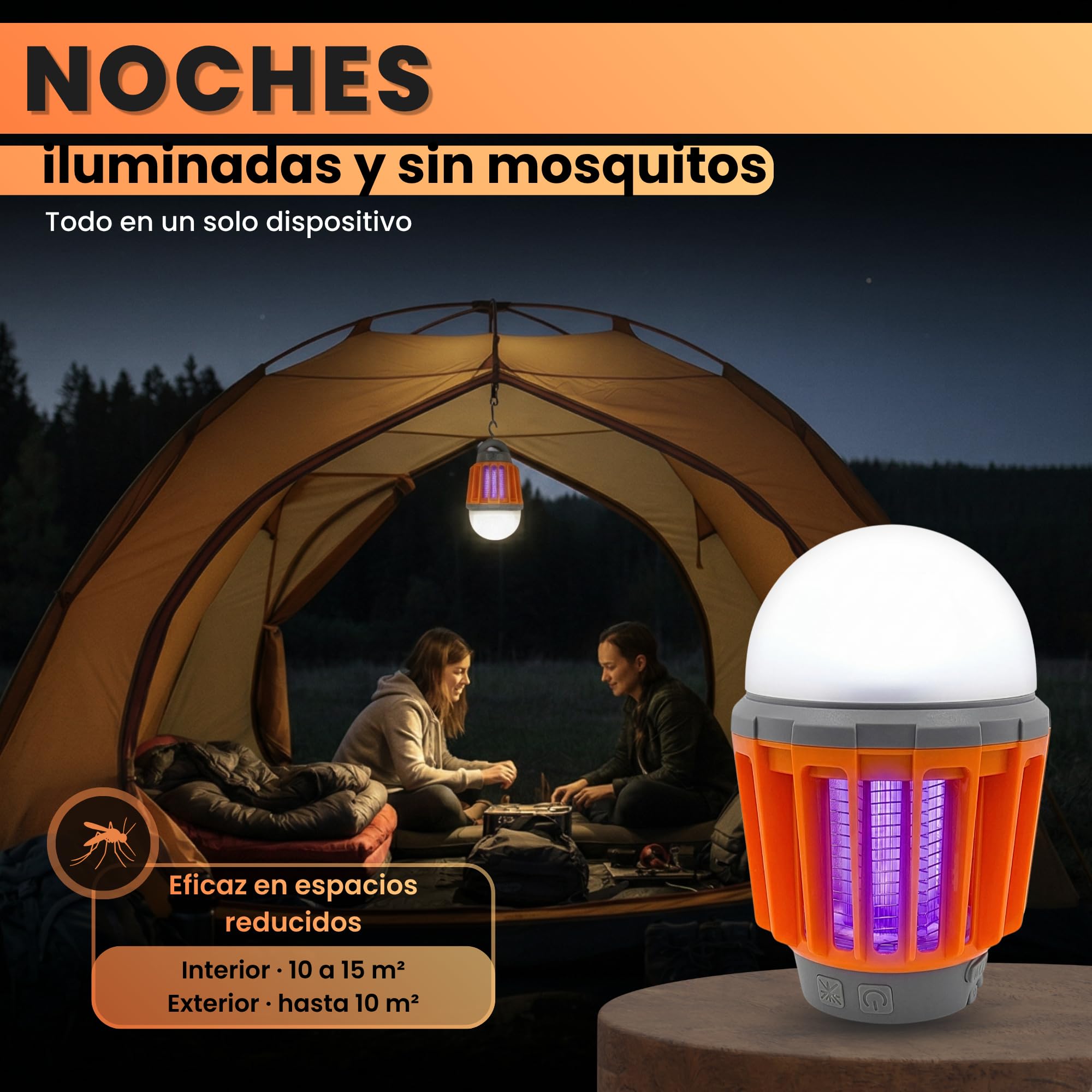 Lampara Antimosquitos Electrico De Exterior E Interior con 3 Niveles De Luz. Mata Mosquitos Electrico para Camping Recargable por USB-C. Repelente 2en1 con Luz UV 360º Y Resistente al Agua (IPX4).