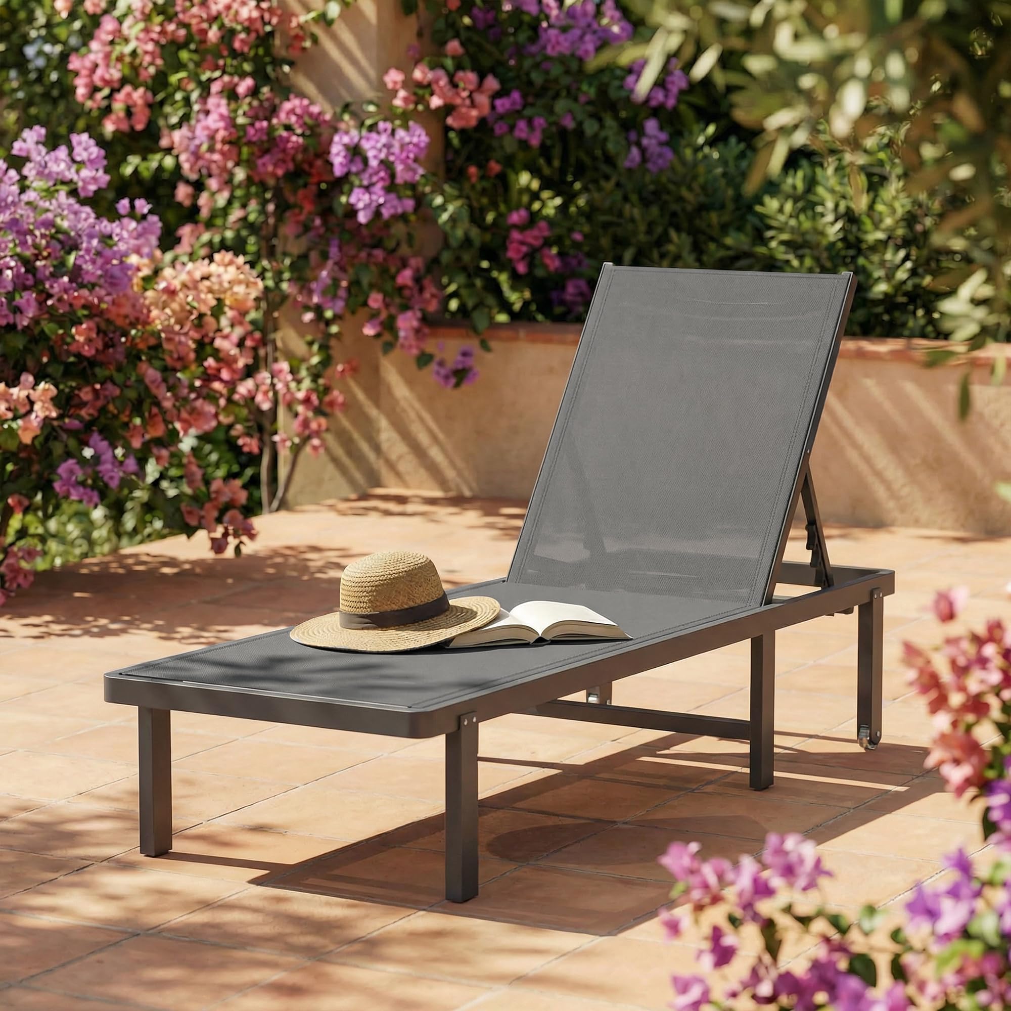 Outsunny Bain de Soleil roulettes Transat de Jardin Extérieur Gris Foncé