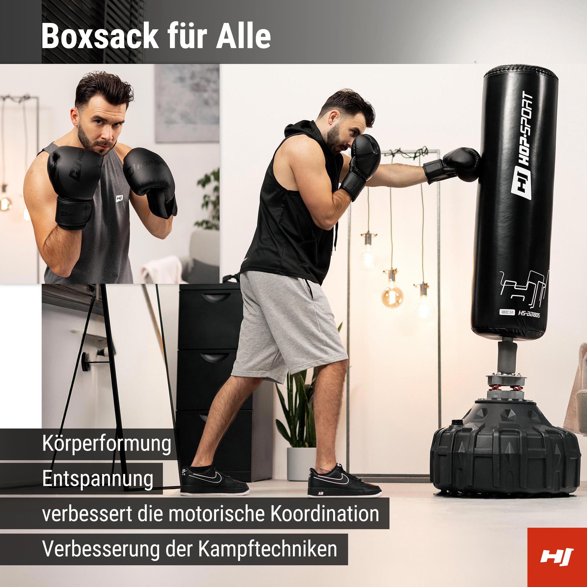 Hop-Sport Stehender Boxsack Sack für Zuhause mit Anti-Schock-System, Ideal für Kampfsport und Krafttraining, 360-Grad-Rotation, Sand/Wasser befüllbar, Stabil durch Saugnäpfe