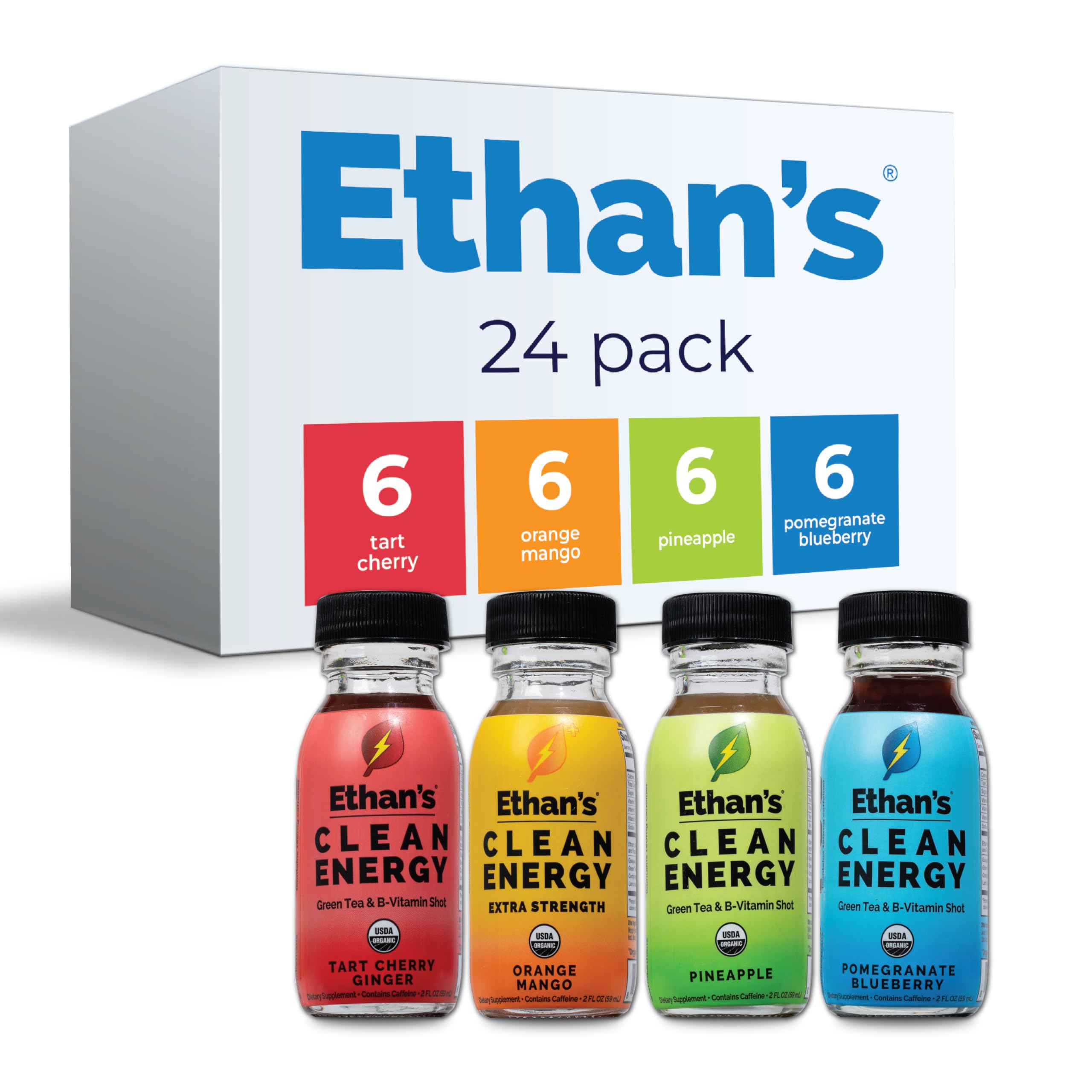 Ethan's Organic Clean Energy Shots Variety Pack, 24 Pack of 2oz | 150–200mg Caffeine | 4 Organic Flavors | Green Tea, Guayusa, Lion's Mane &amp; Cordyceps | Sugar-Free, Vegan, Gluten-Free, USDA Organic