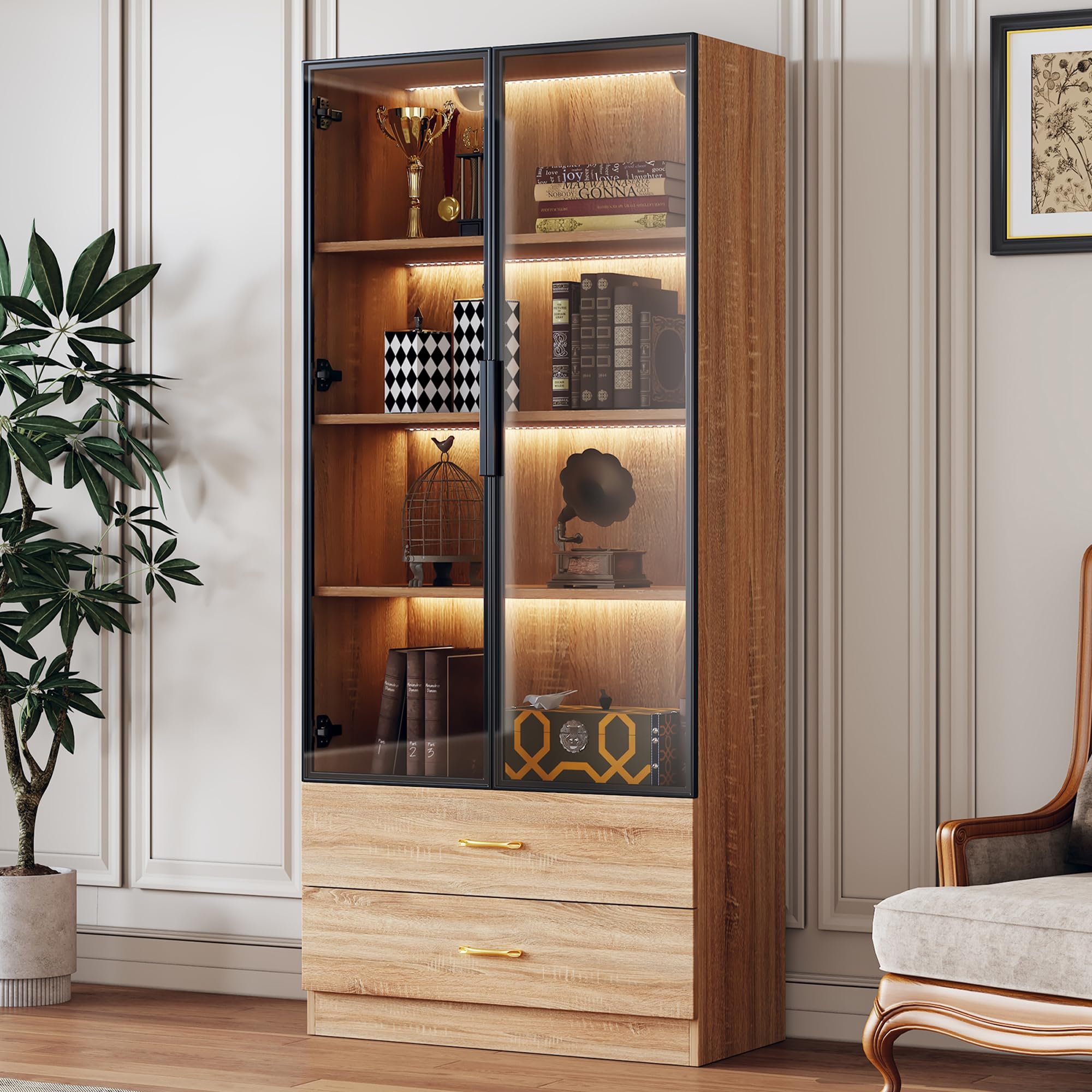 Merax Vitrine de rangement pour salon, salle de bain avec LED, 75 cm de large, 2 tiroirs, 2 portes, porte en verre, design moderne pour salle de bain, bureau, couloir - Couleur bois