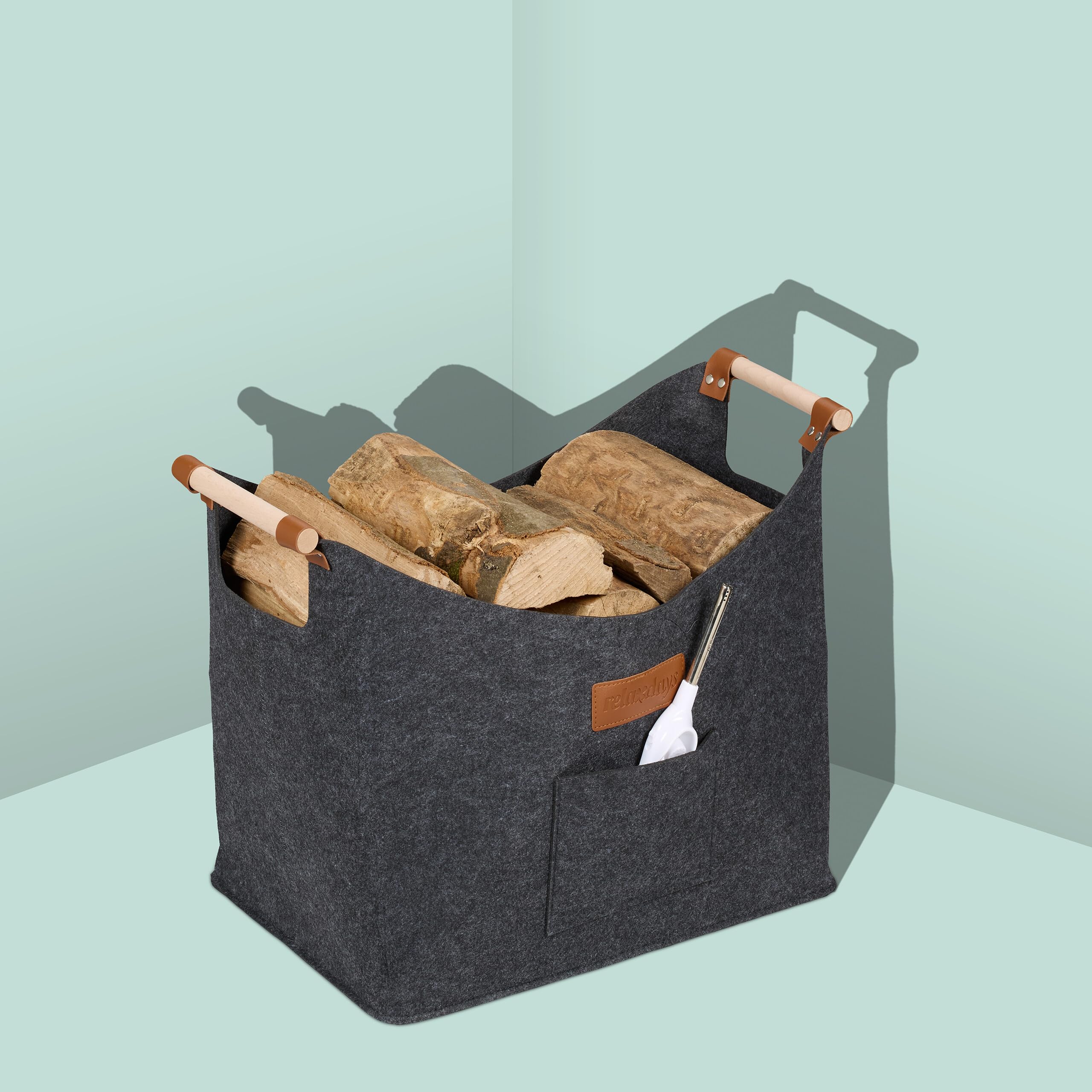 Relaxdays kosz na drewno, filc, 50 l, z uchwytami, wys. x szer. x gł.: 40 x 51 x 32 cm, kosz na drewno kominkowe, kosz do przechowywania, wewnętrzny, szary