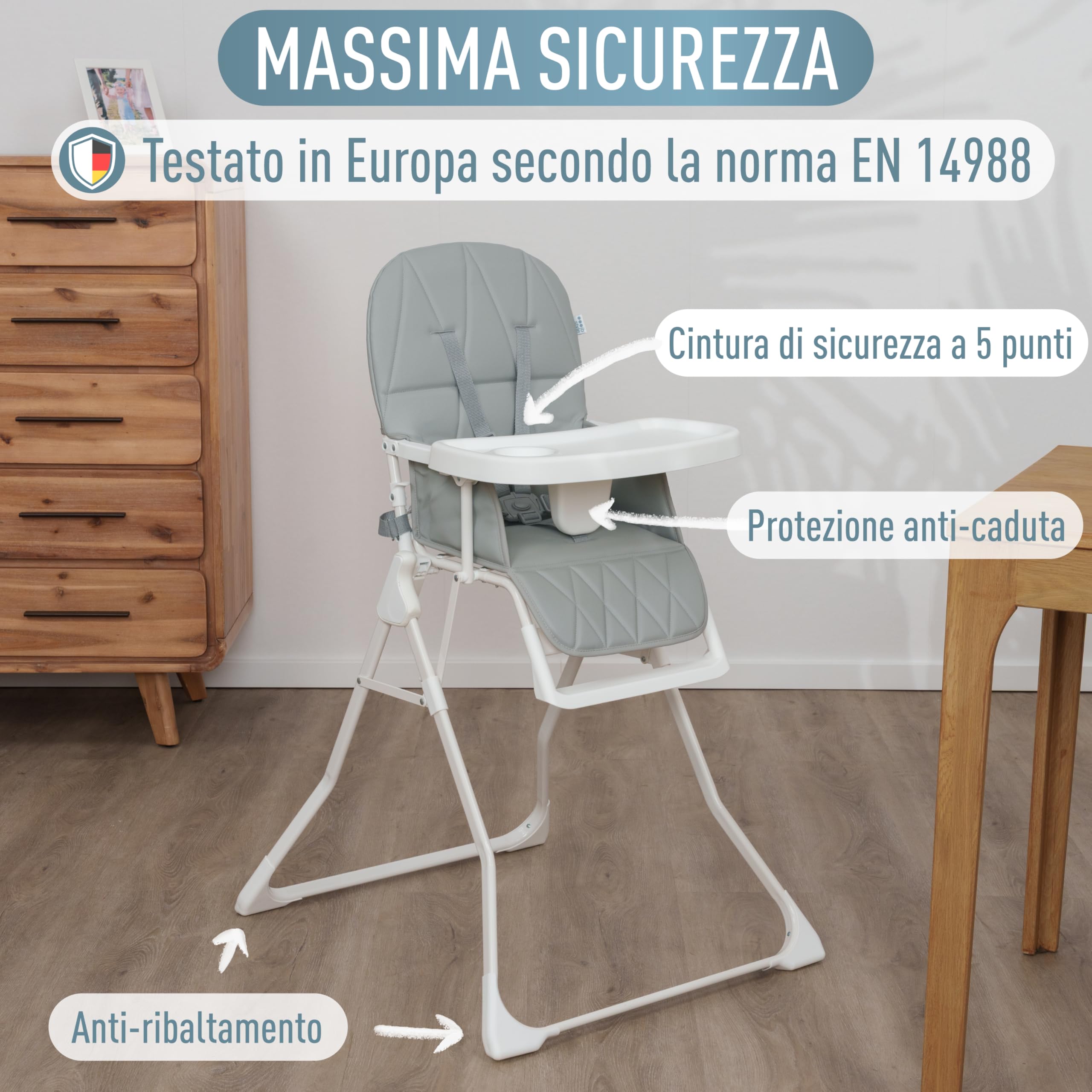 IB STYLE Seggiolone Pappa Leno - Seggiolone Pieghevole e Salvaspazio, Evolutivo con Vassoio e Poggiapiedi, Cintura a 5 Punti, Seduta Imbottita, Facile da Pulire, da 6 Mesi a 3 Anni (15 kg), Grigio
