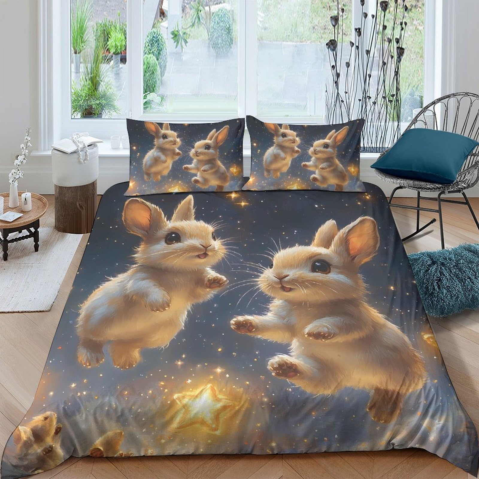 GPLZQXKJNH 3D Printed Cute Bunny Duvet Cover Set Microfiber Soft Breathable Rabbit Quilt Cover with 2 Pillowcases for Bedroom Decor Single（135x200cm）