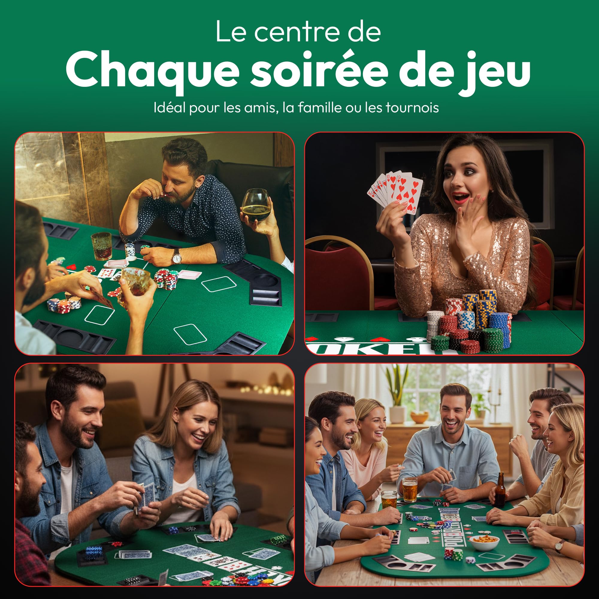GOODS+GADGETS® Tapis de Poker XXL 160x80 cm Pliable - 8 Joueurs | Tapis de table poker en feutre haute qualité - porte-gobelets intégrés - Texas Hold'em - pliable 80x40 cm