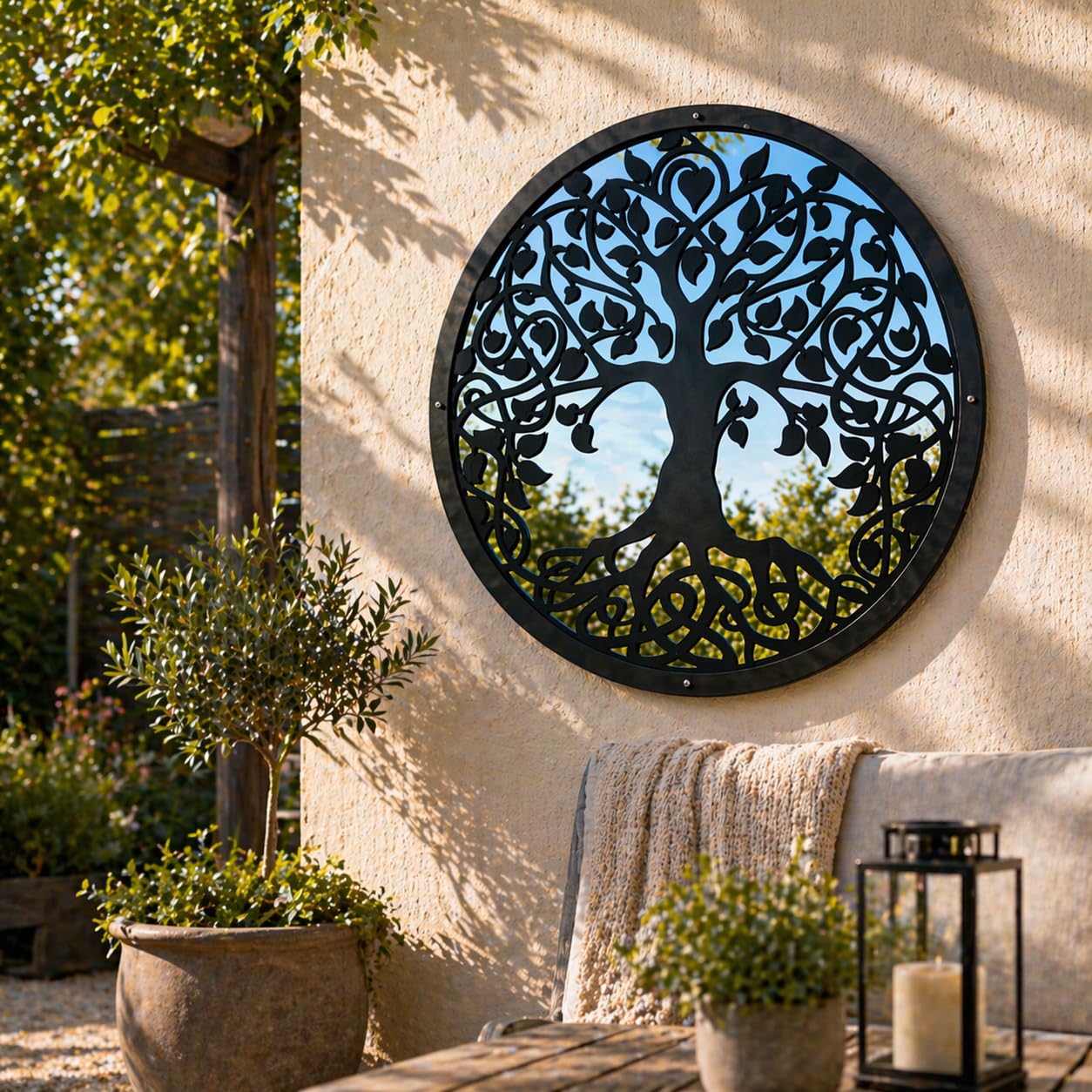 Tree of Life Round Garden Mirror – Acrylic SunCatcher Outdoor Wall Mirror – Decorative Patio, Balcony & Indoor Feature – Weather Resistant – 50cm / 19.6 inch diameter – Made in UK