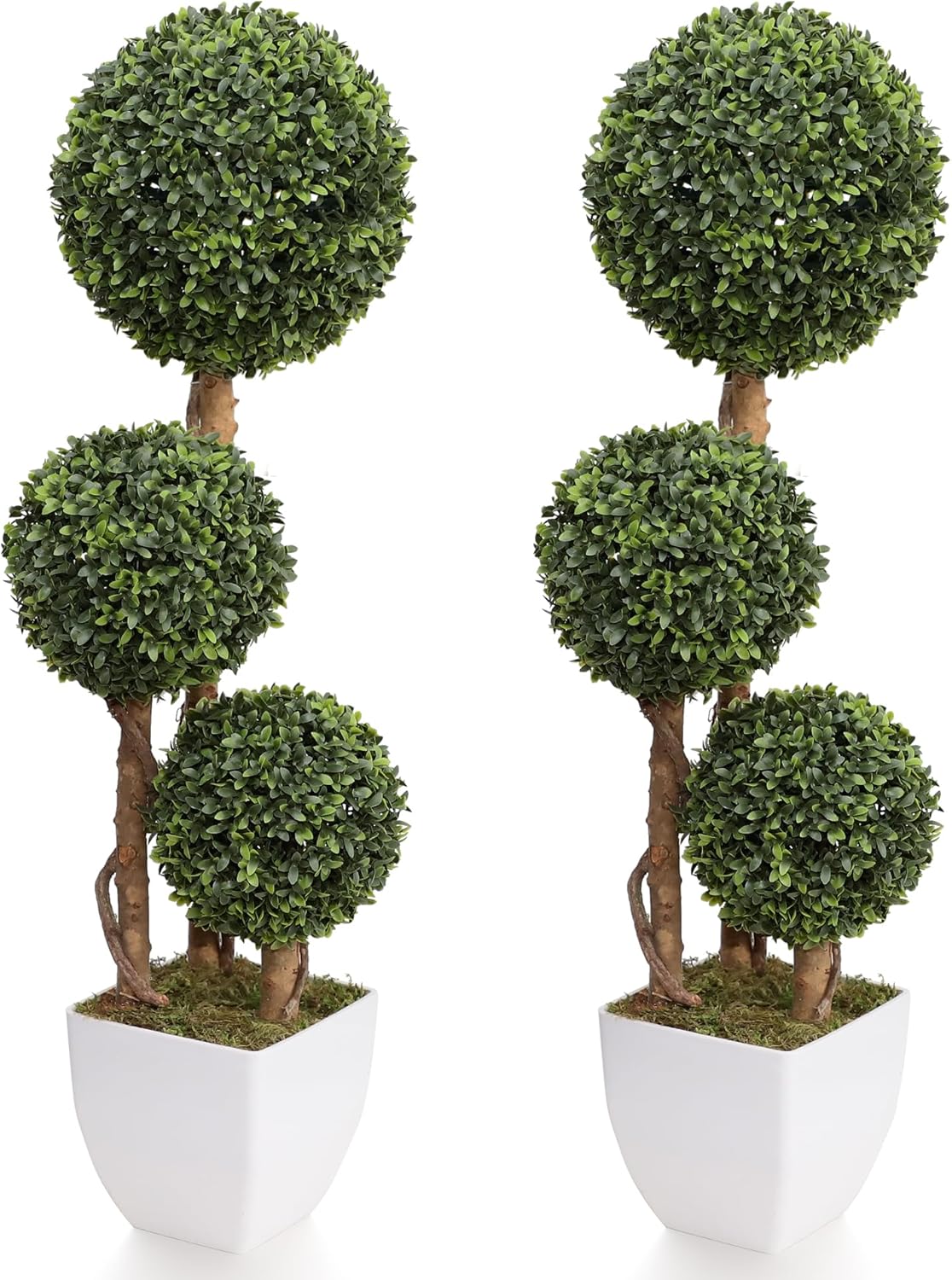 Damomo Artificial Boxwood Ball Topiaries Trees, Outdoor 3ft Fake Topiary Triple Ball Boxwood Tree 2 Packs, Faux Shrubs Green Plants Detachable Sphere Potted Decor Indoor Porch or Garden?35inch? Boxwood 35 inch