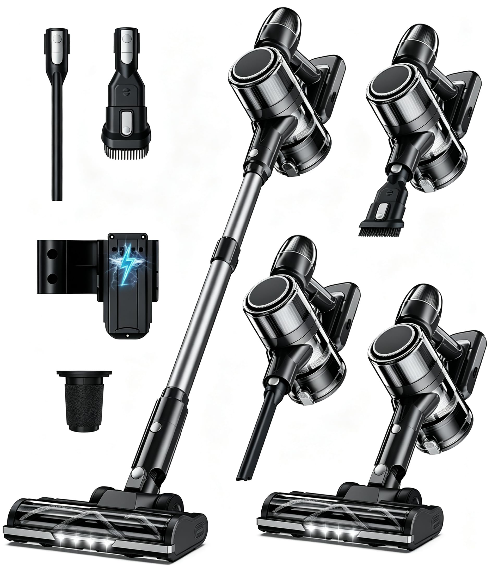Syntecno Cordless Vacuum Cleaner Stick Vacuums - Powerful Lightweight Electric Brooms Upright Handheld Wireless Bagless Battery Rechargeable Cleaners Anti Hair Wrap for Pet Stair Carpet Car Home Grey