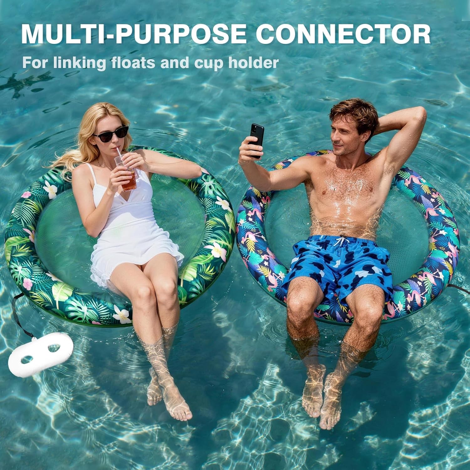 WERNNSAI Round Pool Float Chair for Adults, Fabric Covered Inflatable Pool Lounger with Breathable Mesh Seat, Connectable Floating Chair for Pool Party, 36" x 35.4", 220 lbs