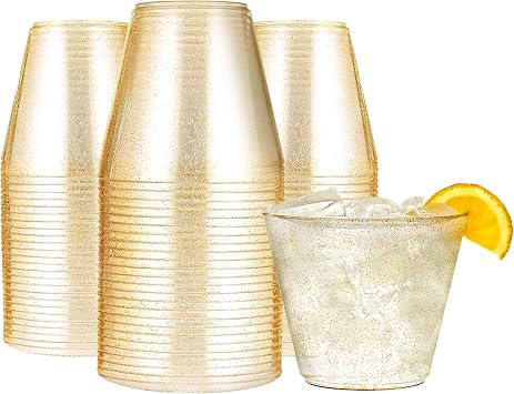 R-kay 9 oz Gold Glitter Plastic Cups For Party - 100 Pack Gold Plastic Cups - Hard Disposable Cups - Premium Heavy Duty Gold Cups - Disposable Cocktail Glasses - Party Cups