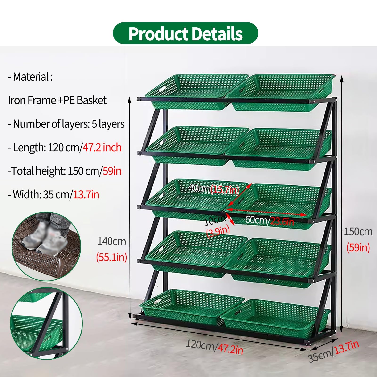JYHHCYS 5-Tier Snack Rack Display Stand for Business - Heavy Duty 4.9ft Tall Fruit Basket Storage Organizer - Large Capacity Supermarket Sorting Rack for Pantry, Counter, Office(Green)
