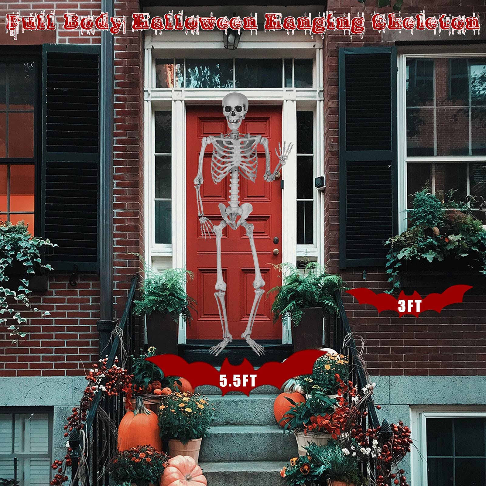 Szkielet naturalnej wielkości na Halloween, 2024, możliwy szkielet całego ciała, wiszący szkielet, dekoracja na Halloween z 7 ruchomymi przegubami, sufit, rekwizyty na Halloween, upiorna dekoracja