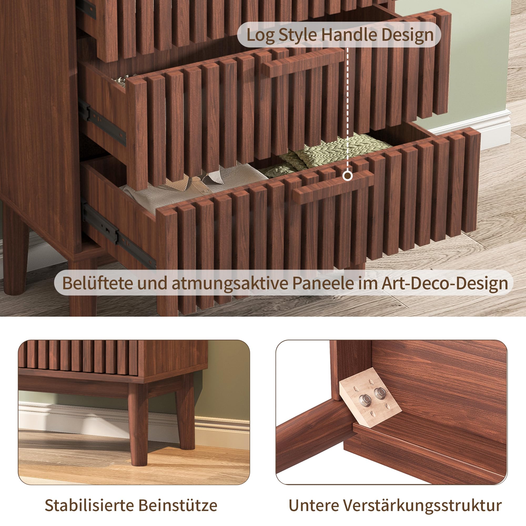 ladekast met 5 gecanneleerde lades, houten ladekast met schuif