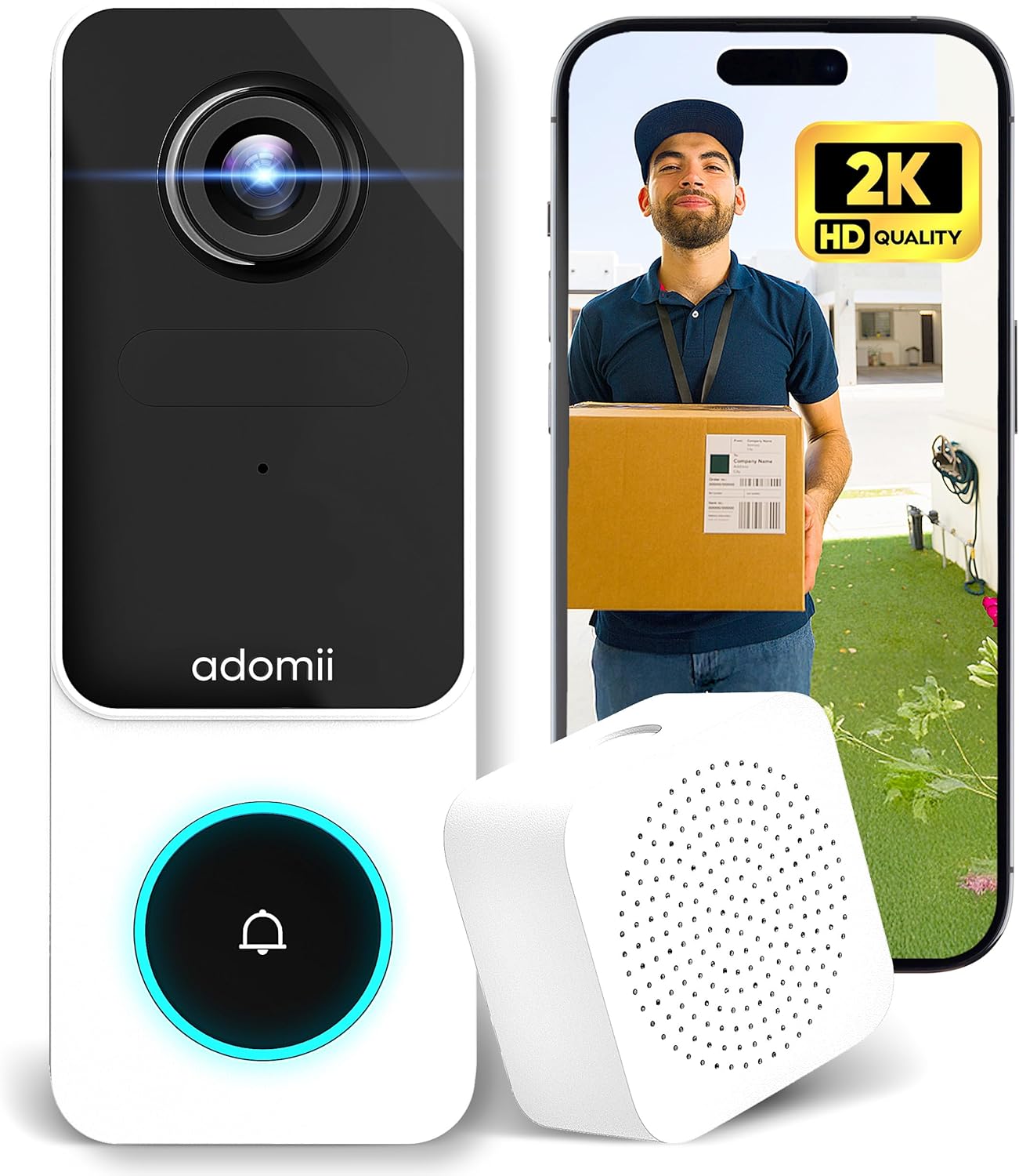 Doorbell Camera Wireless - 2K Video Camera with 2-Way Audio and Night Vision, Wireless Cameras for Home Security Support Motion Detection  Alerts, 2.4G WiFi, IP65 Weather-Proof