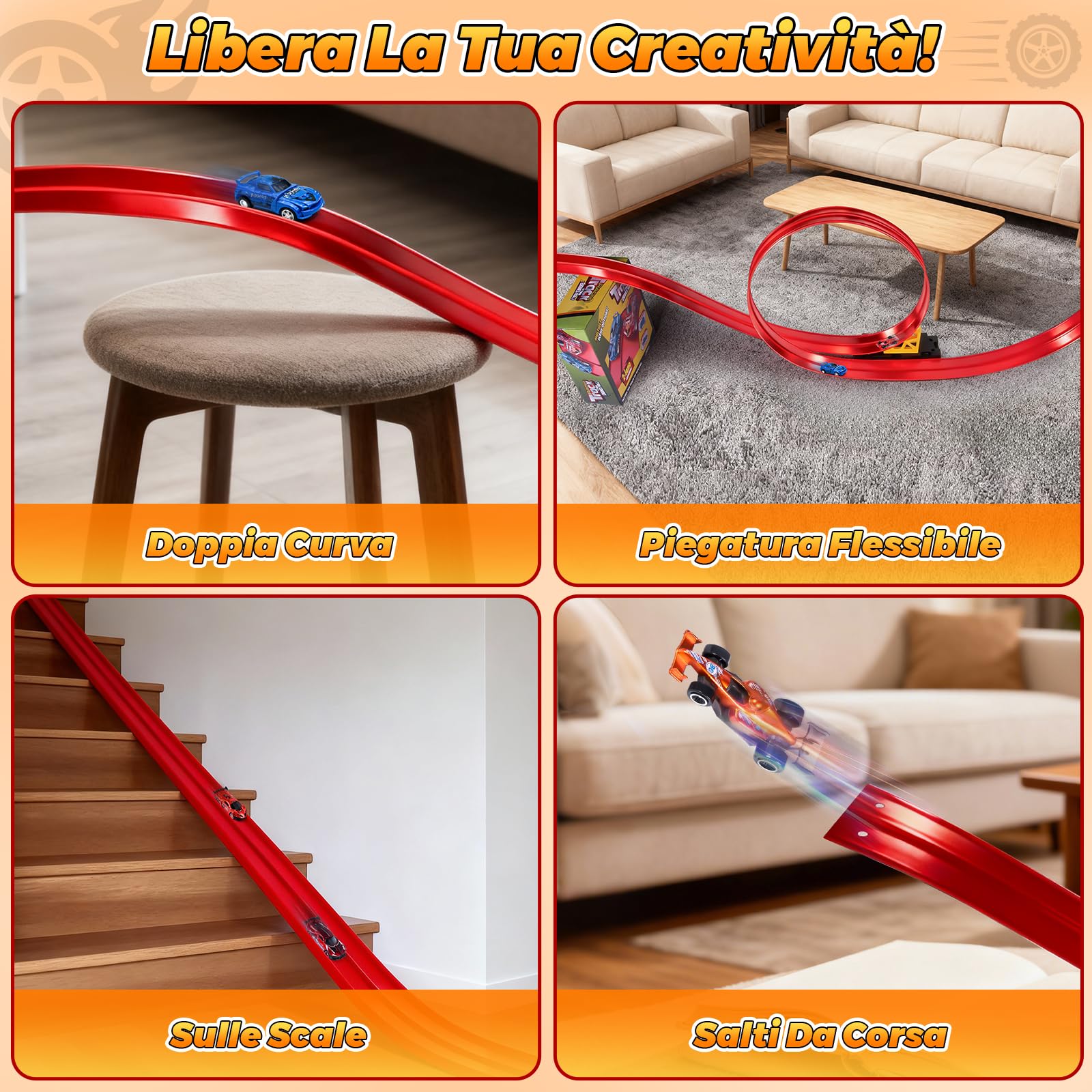 Pista Macchinine 5M Pista Flessibile Macchinine 4 Macchinine 2 Rampe 1 Borsa Portaoggetti 4 Ventose Regalo Flexible Car Track per Bambini 4 5 6 7 Anni (Rosso)