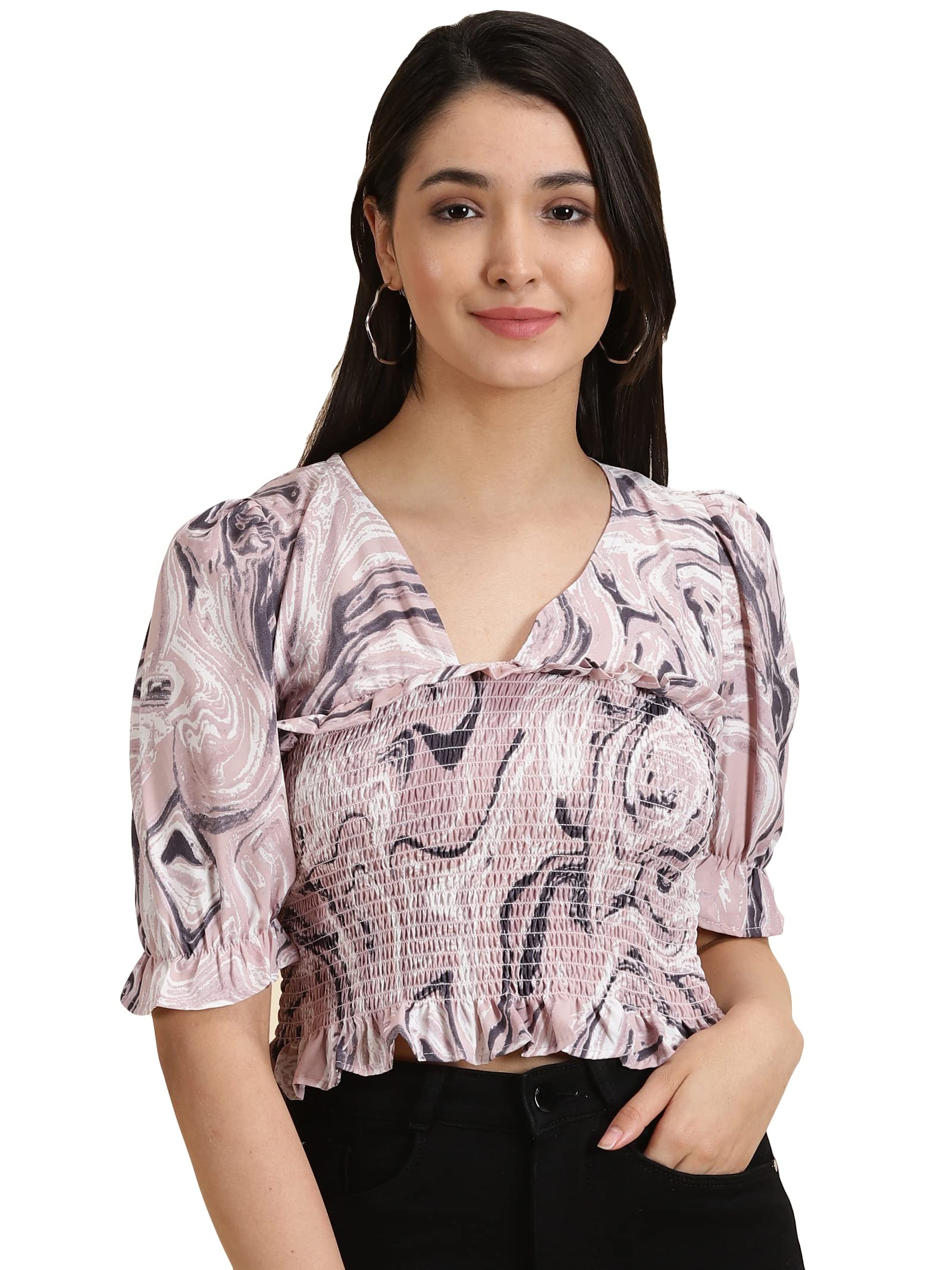Women's Printed V-Neck Mauve Cinched Waist Crop Top-AE-10617_Mauve_L
