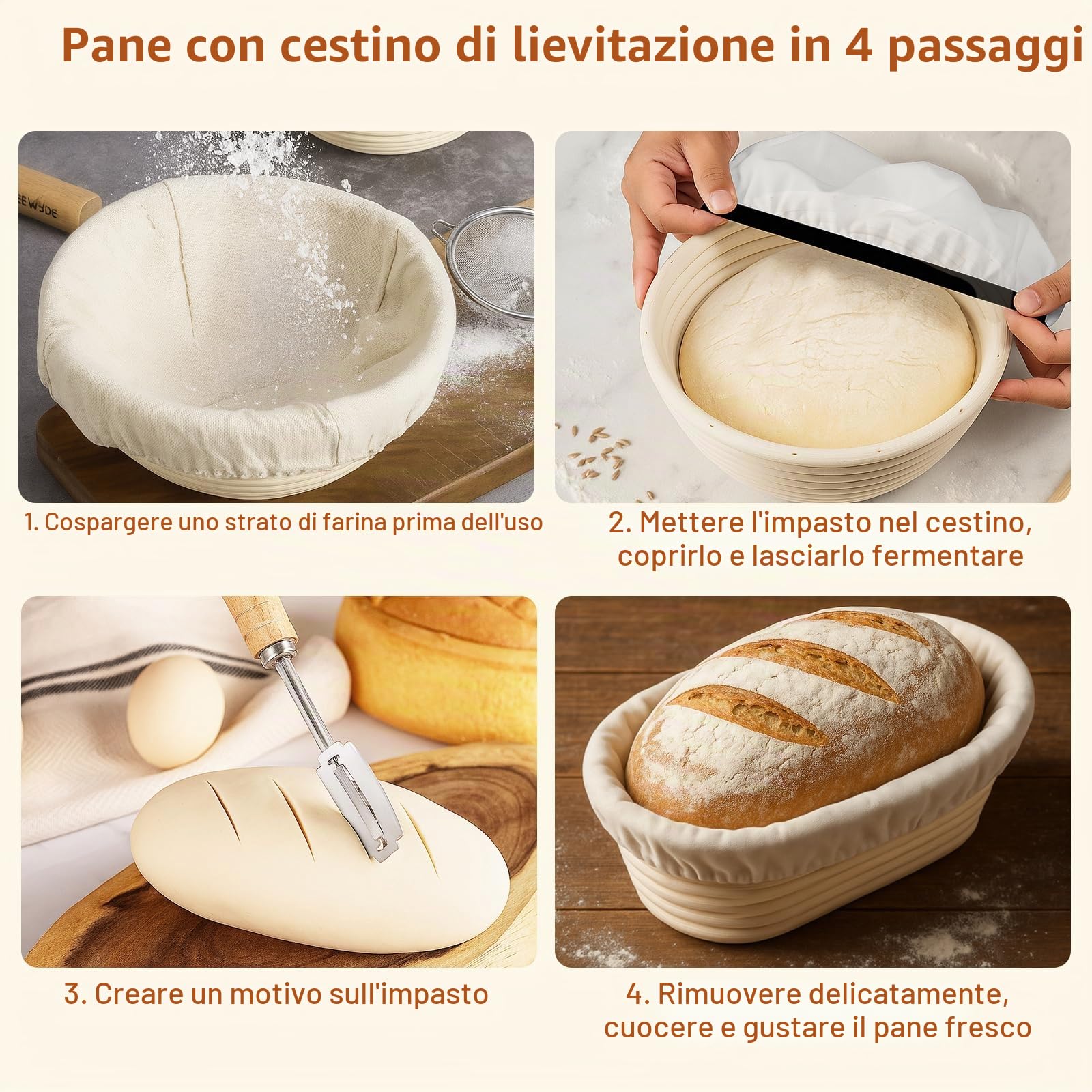 Kit Cestino Lievitazione Pane, Incl. Cestini Lievitazione Pane Rotondi 23cm & Ovale 25cm, Copertura per Impasto, Bread Lame, Tagliapasta Spatola, Pennello da Cucina - Kit Panificazione