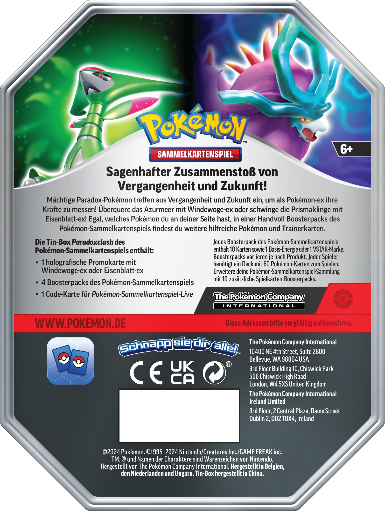 Pokémon-Sammelkartenspiel: Tin-Box Paradoxclash: Eisenblatt-ex (1 holografische Promokarte & 4 Boosterpacks)