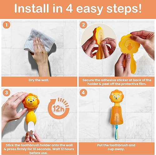 Miniatura 6 de Soporte para cepillo de dientes para niños montado en la pared, cepillo de dientes de cerdas ultra suaves de león para niños, soporte para cepillos