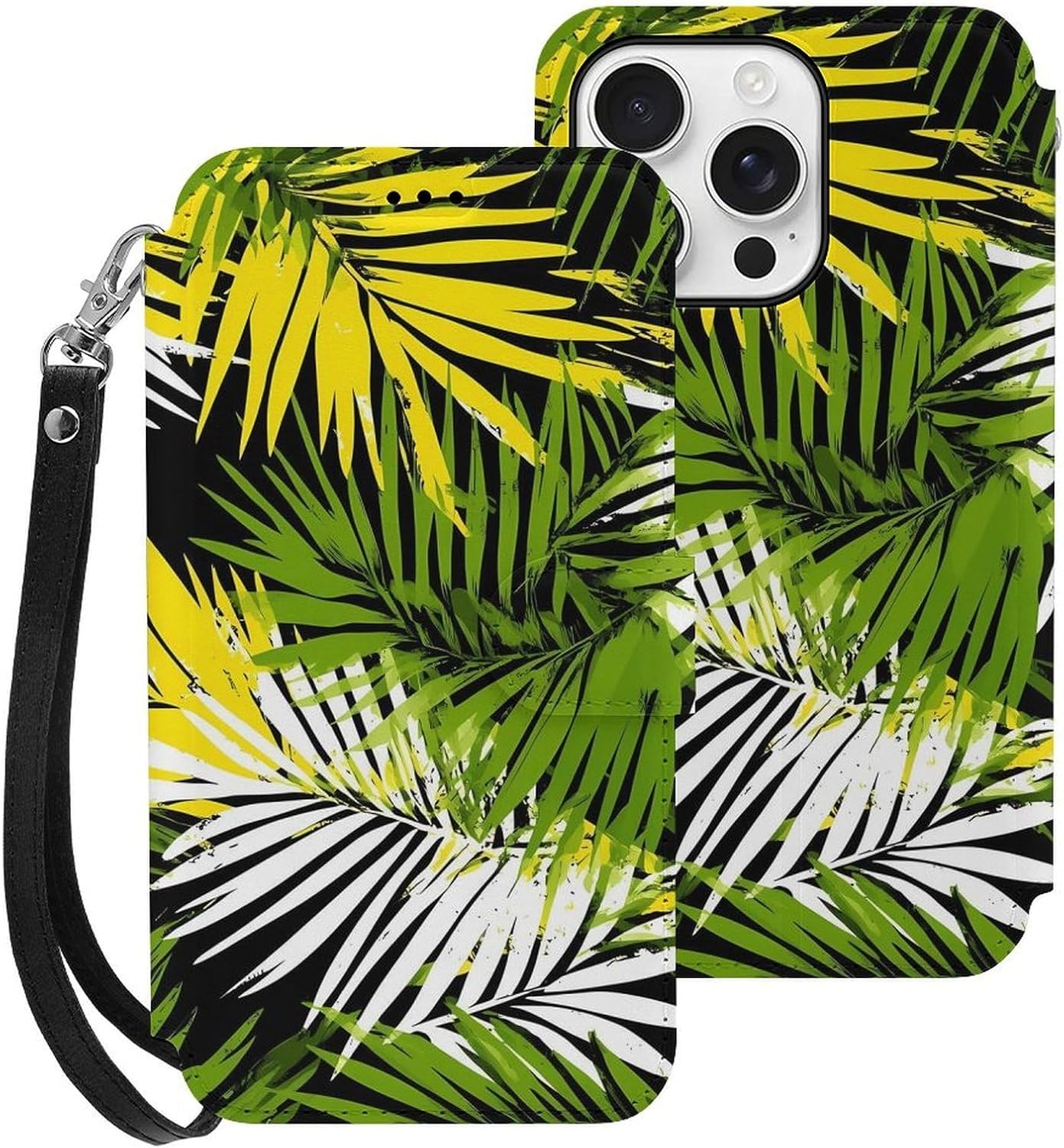 Jamaican Palm Leaves Compatible with iPhone 16/16 Plus/16 Pro/16 Pro Max/16 E Case Phone Wallet Card Holder Flip Cover with Wrist Strap