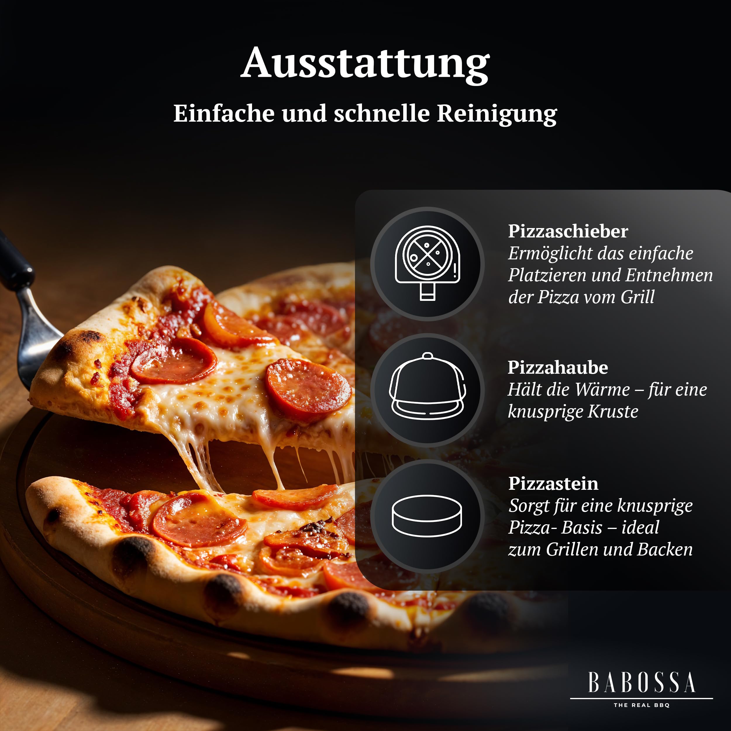 BABOSSA Pizzaset für den Grill – Komplettlösung mit Pizzastein, Pizzaschieber & Haube – alles für Pizza vom Grill wie beim Italiener – passt auf Gasgrill, Holzkohlegrill & viele Modelle