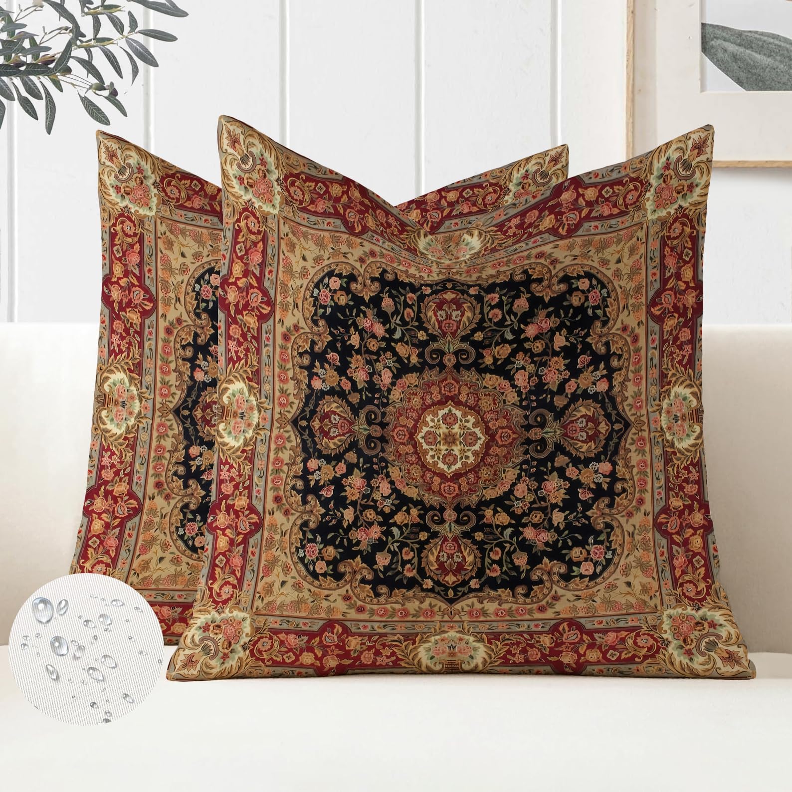 Set of 2 Modern Boho Cushion Covers 45 x 45 Outdoor Pillow Covers Waterproof Oriental Vintage for Sofa Patio Garden Farmhouse Decor Red Mandala