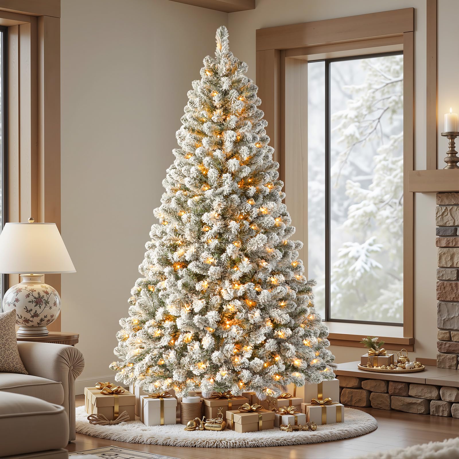 Shareconn 152 cm Sapin de Noël Artificiel Pré-éclairé, Arbre Floqué Blanc avec Support en Métal Pliable, 210 LED de Haute Qualité, 12 Modes d'éclairage, Parfait pour Les Décorations de Noël