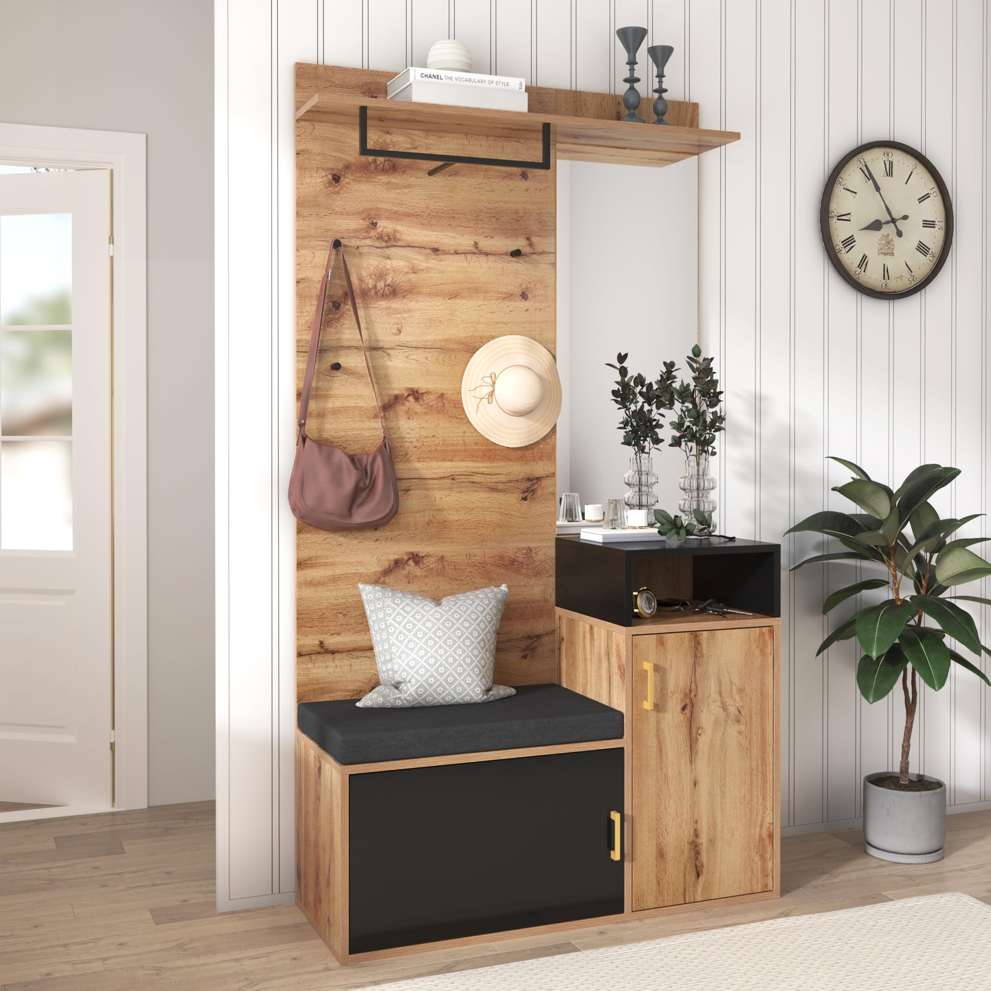 BTM Portemanteaux pour entrée, Ensemble de garde - meuble chaussure entree, robe avec crochets à 4 niveaux, miroir, armoire à chaussures, armoire murale, treillis de rangement supérieur, banc de garde
