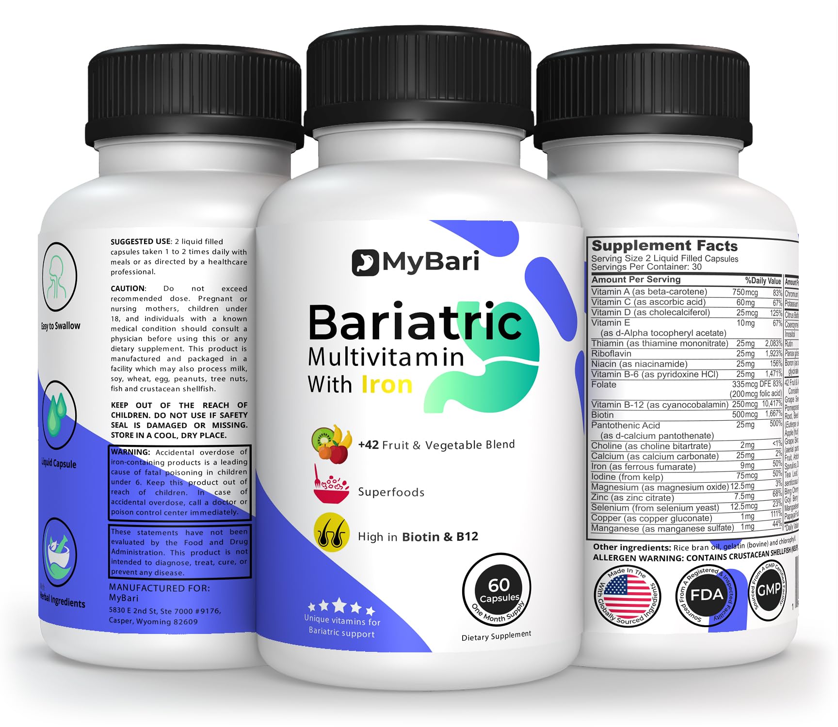All-in-One Bariatric Multivitamin with Iron - Made in USA - for Men & Women - Supports Gastric Sleeve & Bypass with 42+ Fruit & Veggie Blend - 60 Liquid Capsules — Amazon image 9