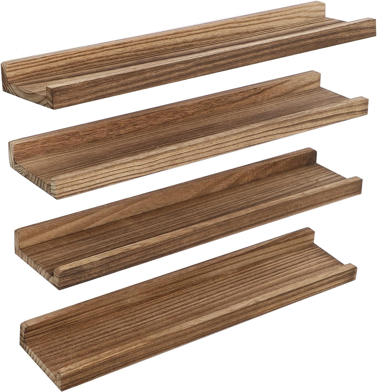 MIHORLIFE Solid Wood, 60cm Wall Picture Shelves Ledge, Rustic Wood Floating Shelf, Decorative Display Photo Racks For Living Room, Kitchen, Bedroom, Kitchen, Books, Set of 4, Carbonized Black