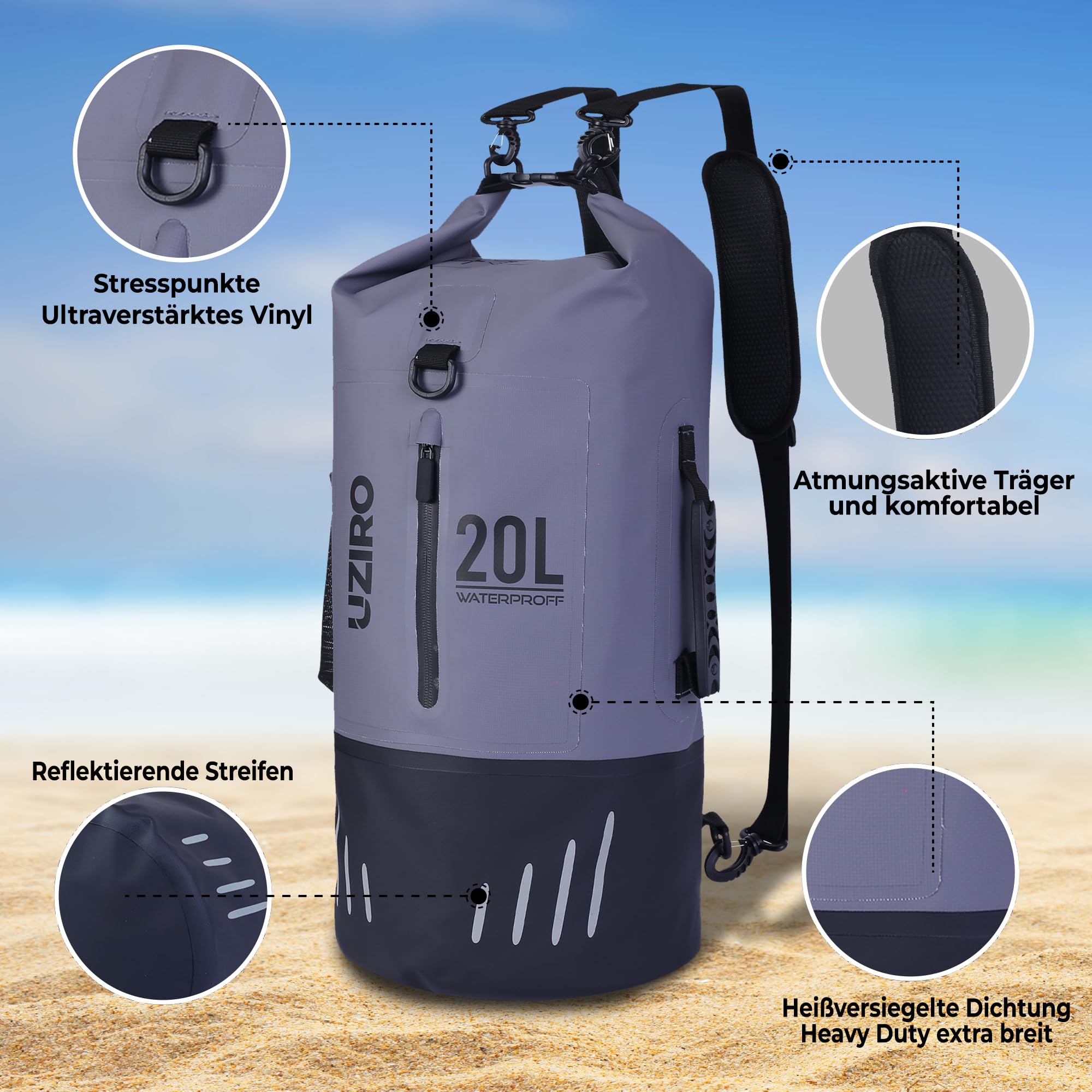 UZIRO Bolsa Estanca 20L, Mochila Impermeable para Kayak, Piscina, Pesca y Natación, Dry Bag Acuático, Resistente al Agua, Ideal para Actividades al Aire Libre, Color Gris