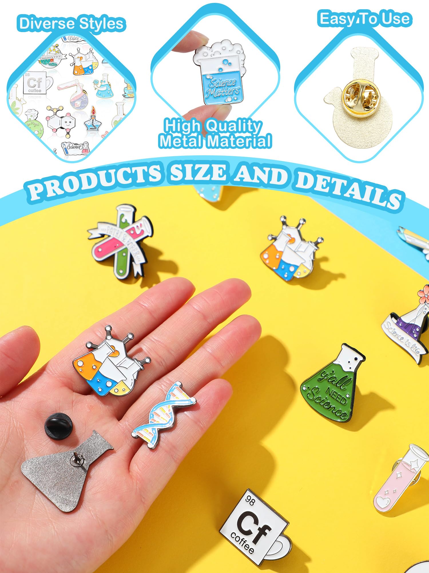 40 piezas de pines de esmalte de ciencia para broche de ciencia a granel, lindos pines de dibujos animados kawaii de científico, pin de solapa para laboratorio de química, para la vuelta al cole, para