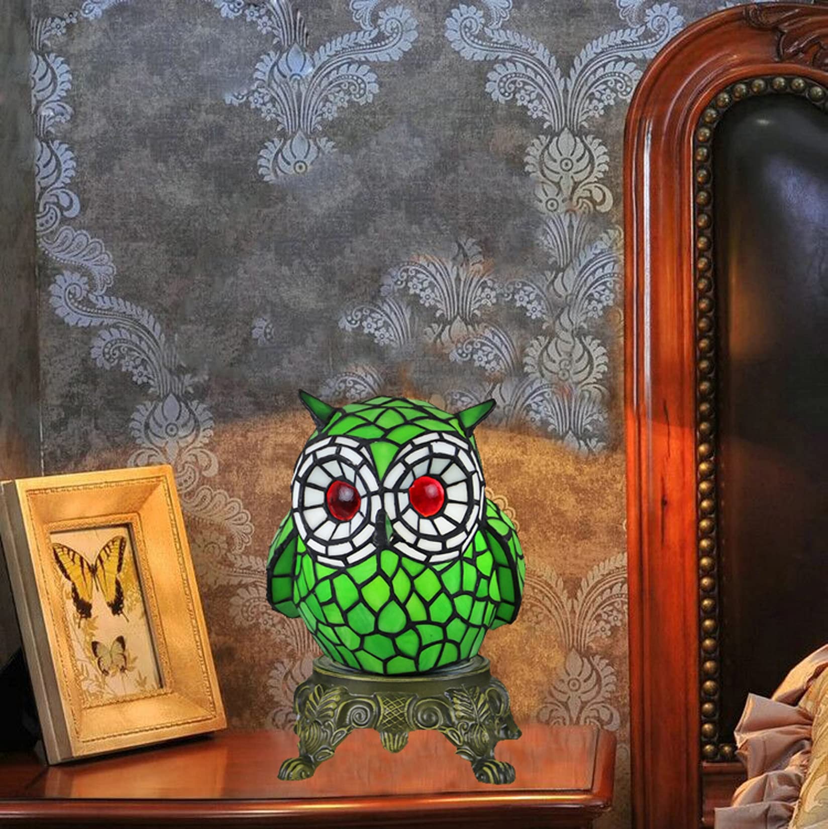 Lampy nocne w stylu Tiffany Vintage Owl Witraż Kreatywność Dziecięca lampka nocna Małe lampki stołowe z podstawą ze stopu do domu Sypialnia Salon Kawiarnia