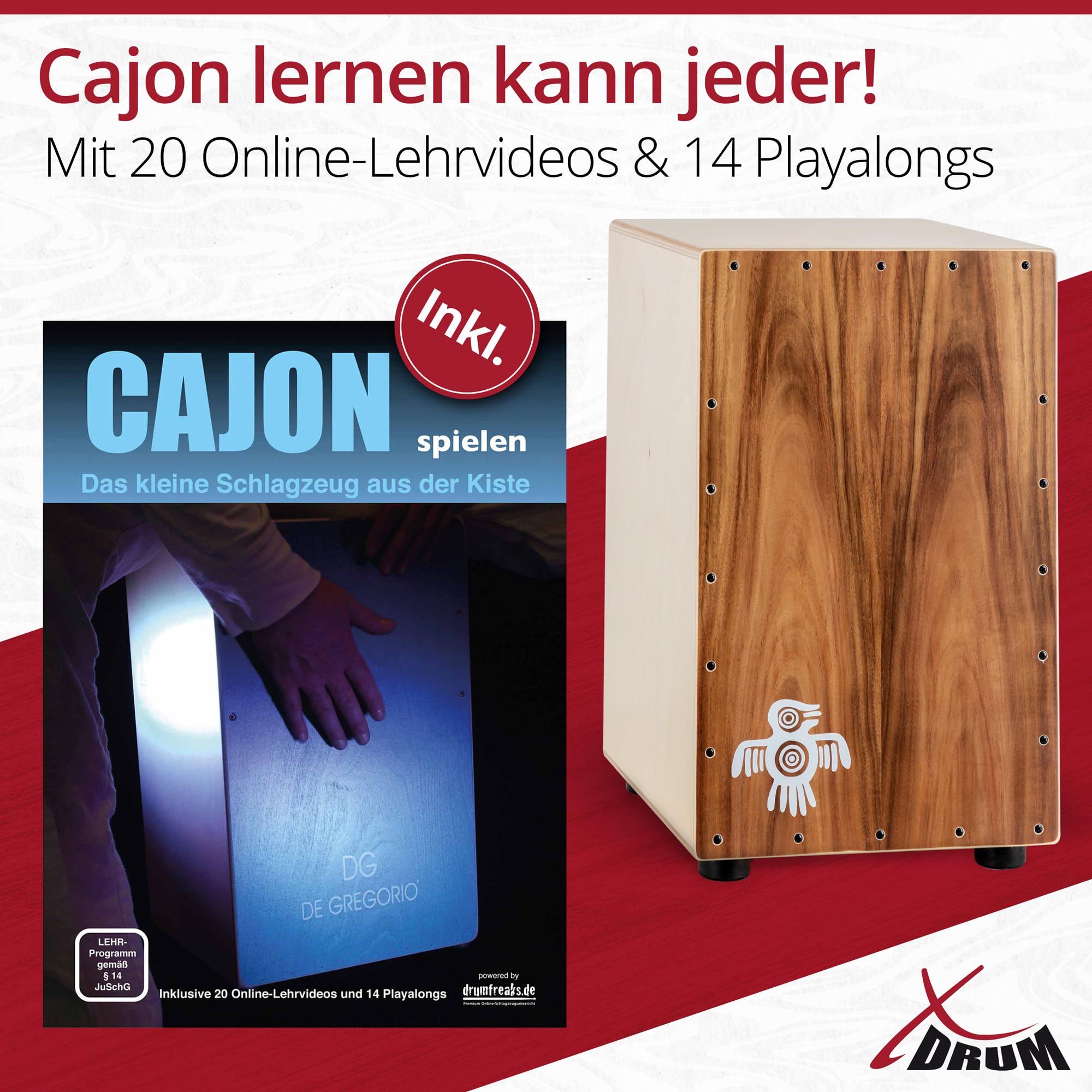 XDrum PERC CP-483 Cajon Peruana Koa Set (Set inkl. Cajon mit Birken-Korpus & Snareeffekt, passende Rucksack-Tasche für sicheren Transport & Aufbewahrung und Cajonschule für Einsteiger)