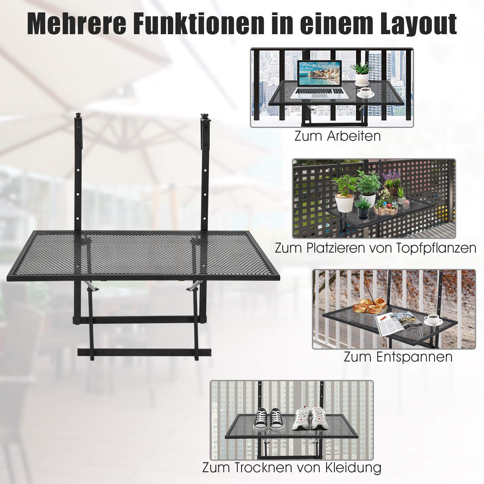 COSTWAY Składany stół balkonowy, wiszący, 5-stopniowa regulacja wysokości, z metalu, prostokątny, nośność 20 kg, 60,5 x 40,5 cm