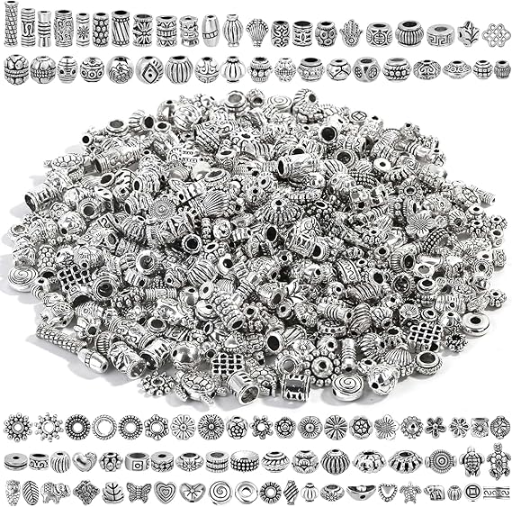 500 Pcs Bracelet Spacer Beads, Silver Bulk Random Styles Loose Spacer Metal Charm for Necklace, Earring Making DIY Jewelry Accessories